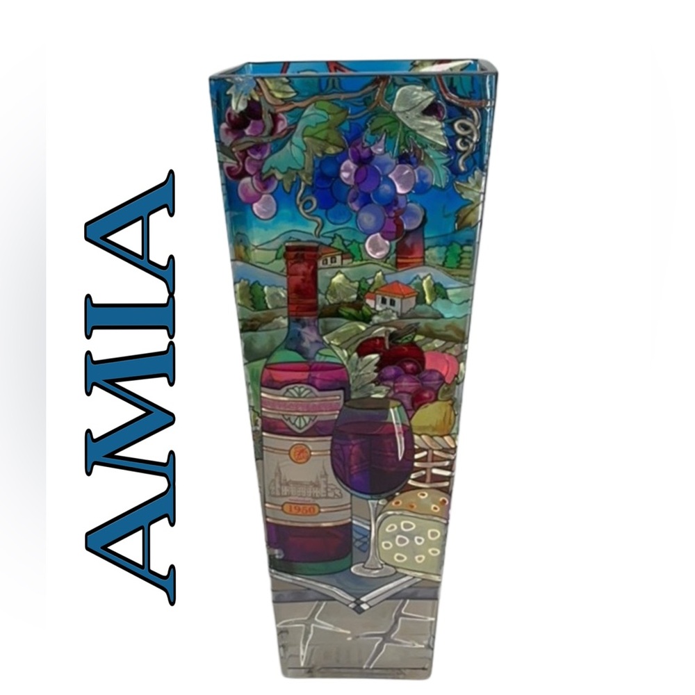 AMIA Hand-Painted Stained Glass Vase Wine and Cheese Vineyard Theme Vintage 10”